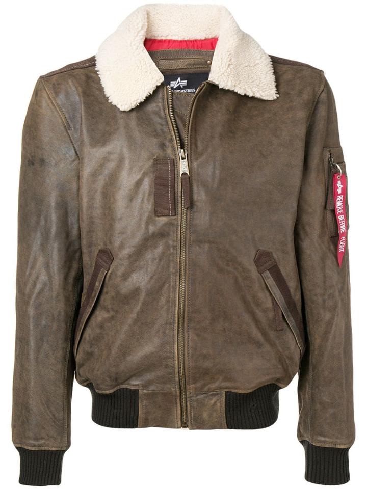 Alpha Industries Shearling Collar Leather Jacket - Brown