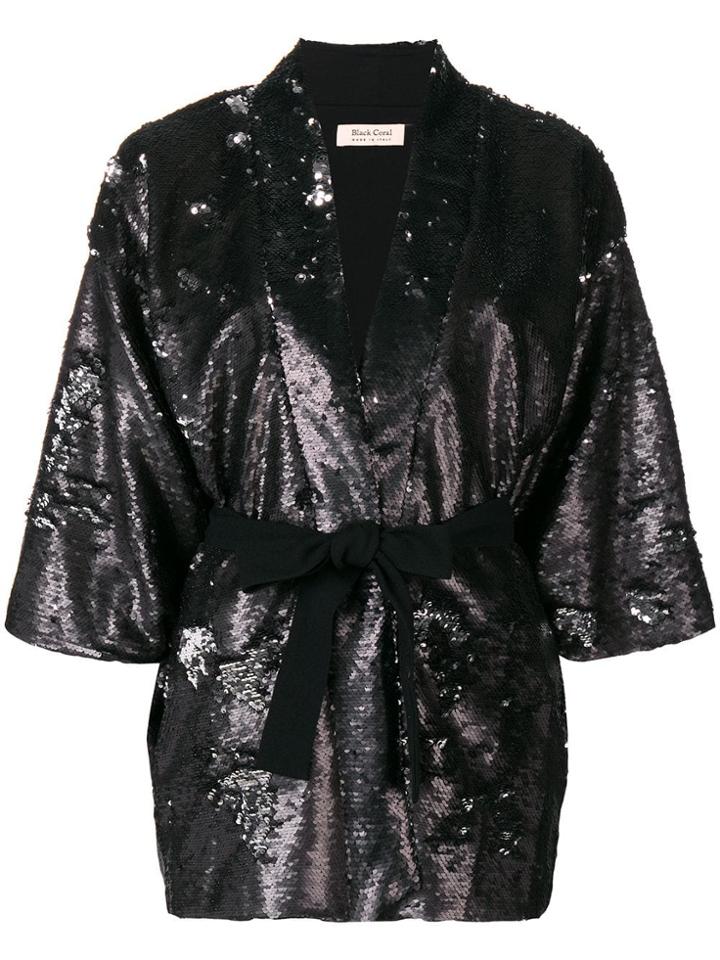 Black Coral Sequin Embellished Belted Jacket
