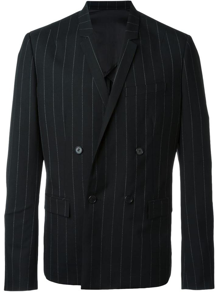 Juun.j Pinstriped Double Breasted Blazer, Men's, Size: 48, Black, Polyester/wool