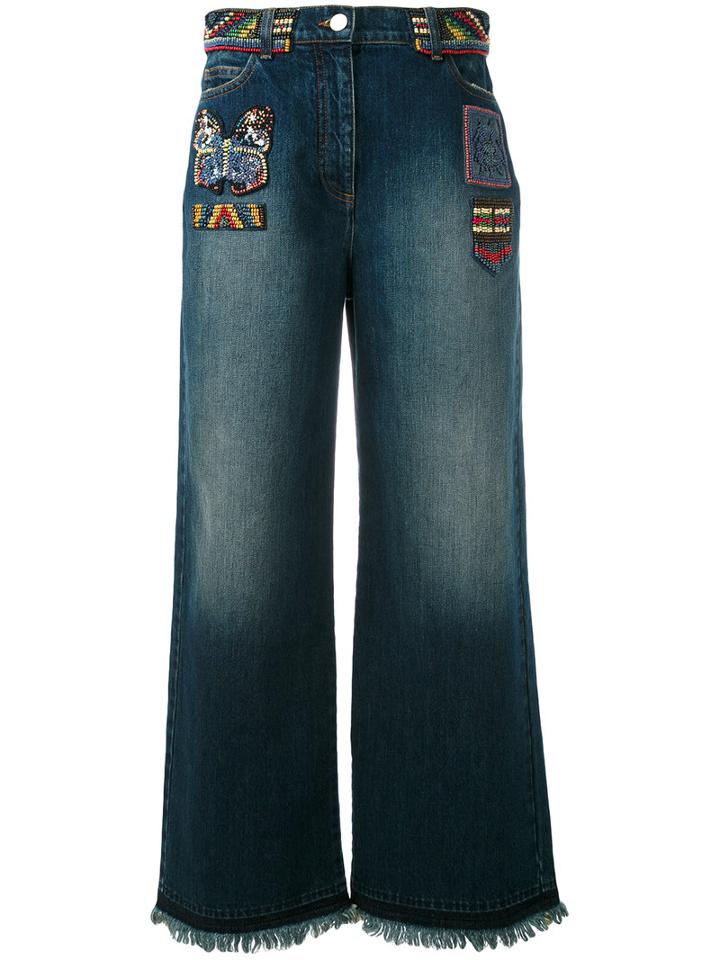 Valentino - Beaded Wide Leg Jeans - Women - Cotton/polyester/metallic Fibre/polyimide - 26, Blue, Cotton/polyester/metallic Fibre/polyimide