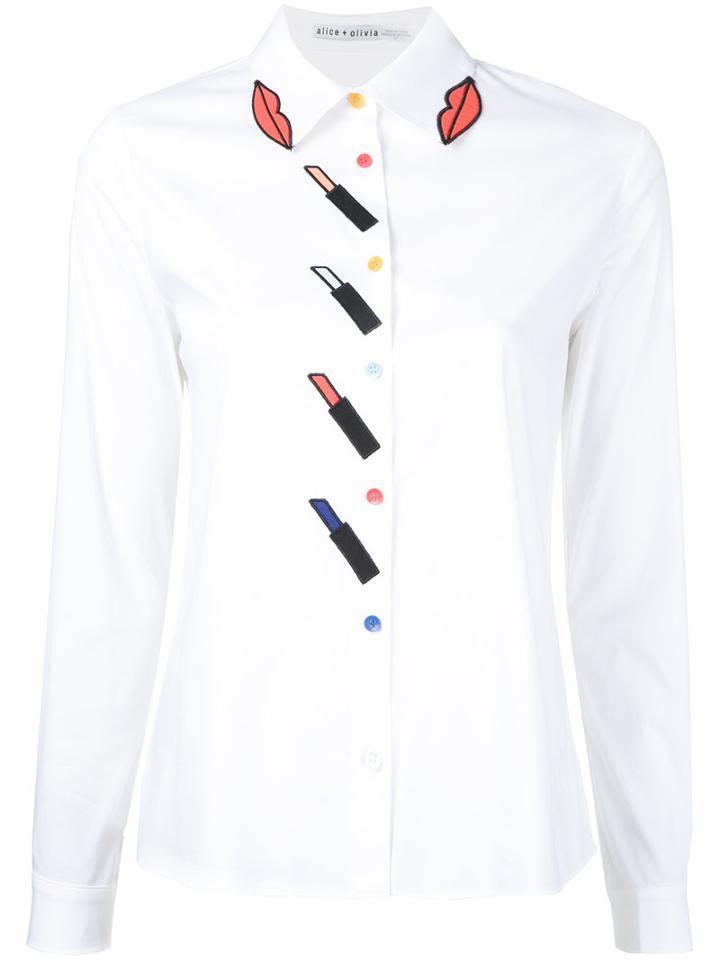 Alice+olivia Faye Lipstick Applique Shirt, Women's, Size: Medium, White, Cotton/polyester/spandex/elastane
