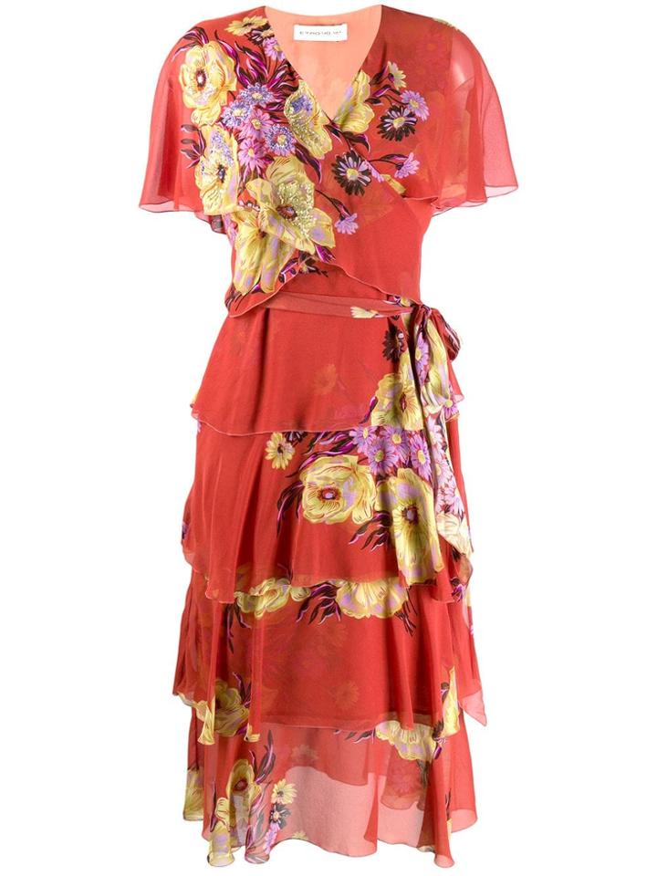 Etro Floral Print Wrap Dress - Orange