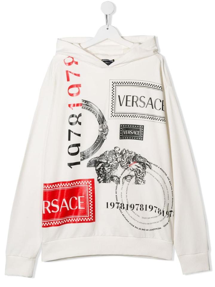 Young Versace Teen Logo Print Hoodie - White