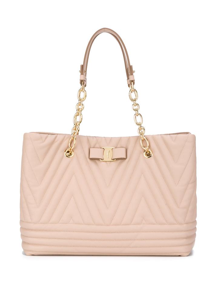 Salvatore Ferragamo Bow Detail Quilted Tote, Women's, Nude/neutrals, Lamb Skin