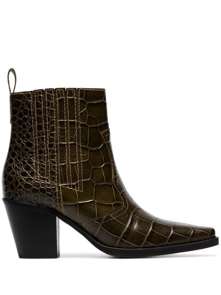 Ganni Brown Callie 70 Crocodile-effect Leather Ankle Boots