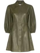 Ganni Meranti Puffed Sleeve Button Down Leather Dress - Green