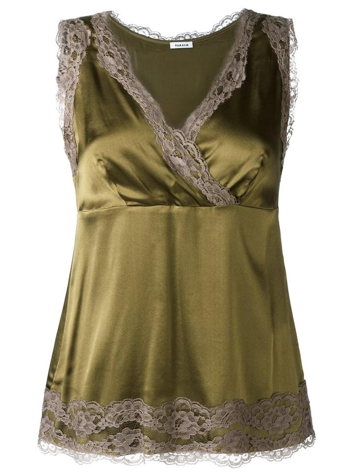 P.a.r.o.s.h. Lace Detail Top, Women's, Size: Medium, Green, Silk/spandex/elastane/cotton/polyamide