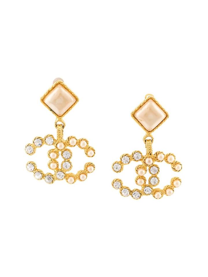 Chanel Vintage Cc Logo Pearl Clip-on Earrings, Women's, Metallic