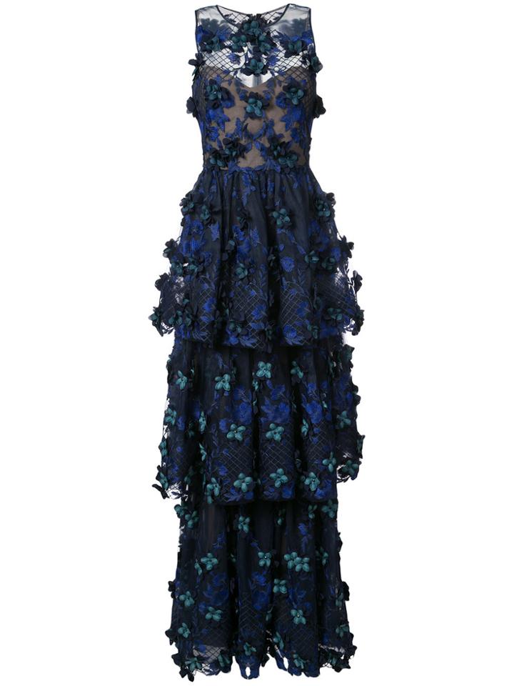 Marchesa Notte Floral Applique Layered Gown - Blue