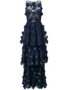 Marchesa Notte Floral Applique Layered Gown - Blue