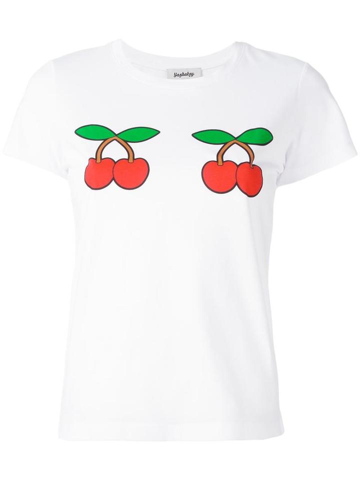 Yazbukey Cherry Print T-shirt, Women's, Size: Small, White, Cotton