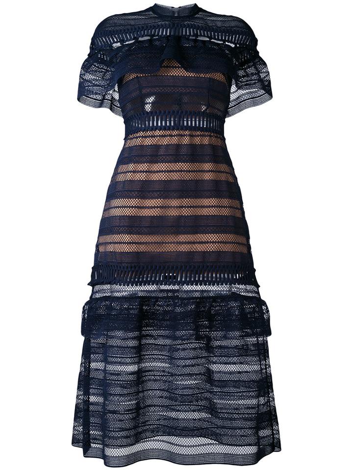 Self-portrait - Yoke Frill Midi Dress - Women - Polyester/spandex/elastane - 4, Blue, Polyester/spandex/elastane