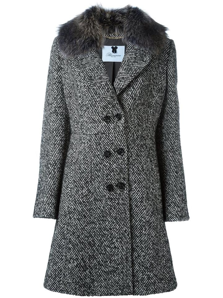 Blumarine Herringbone Pattern Coat, Women's, Size: 44, Black, Cotton/acrylic/polyester/racoon Fur
