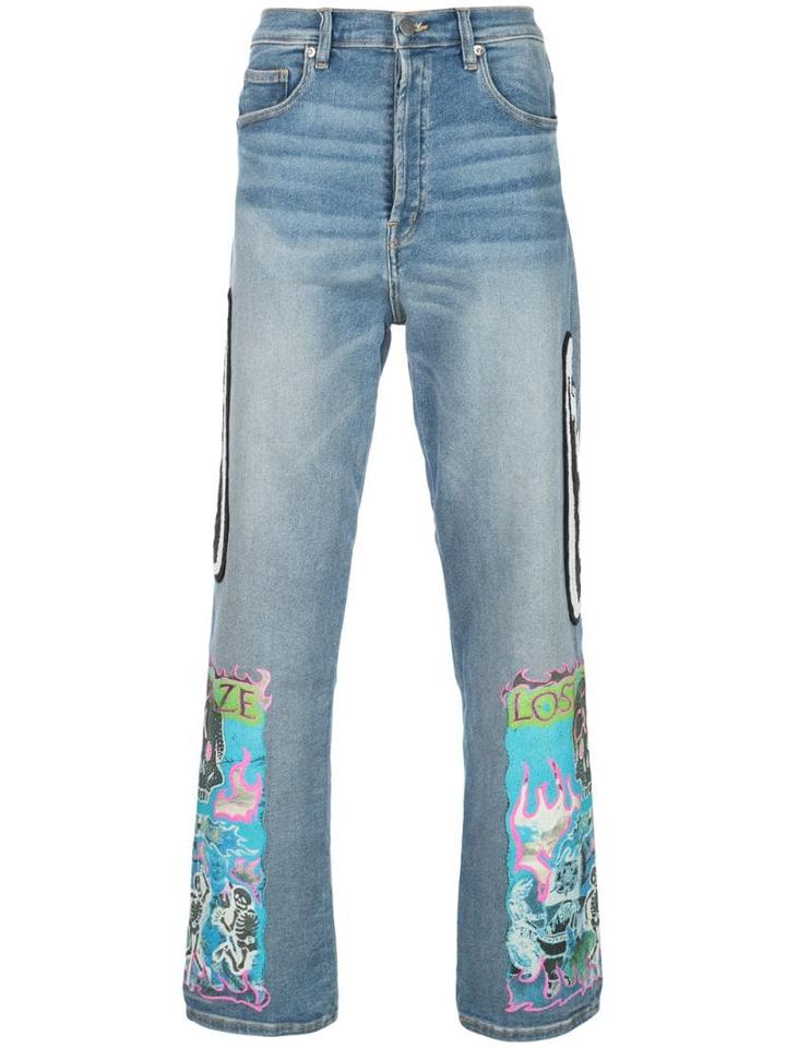 Lost Daze Print Detail Denim Jeans - Blue