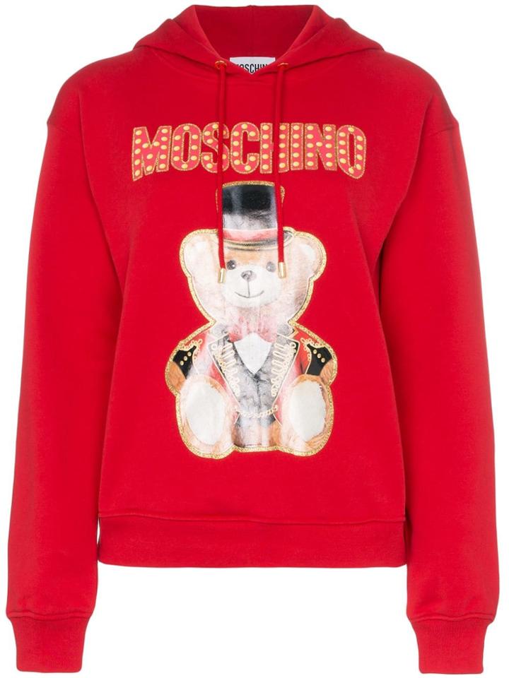 Moschino Logo Bear Print Cotton Hoodie - Red