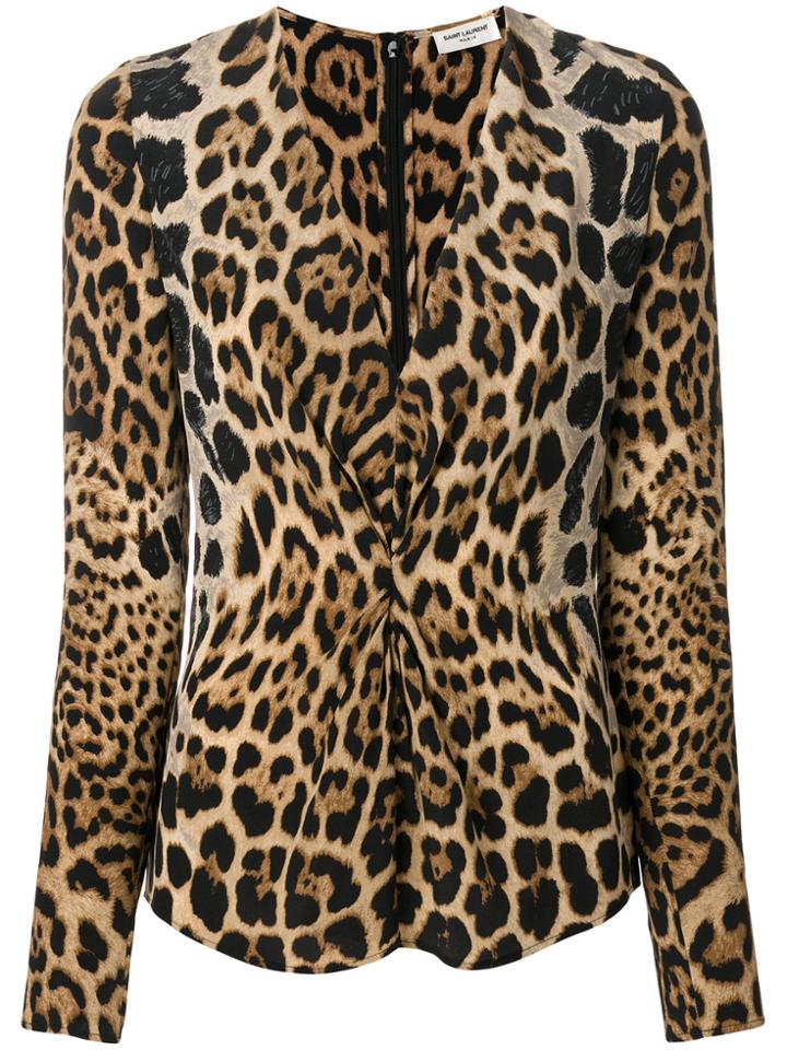 Saint Laurent Leopard Print Gathered Blouse - Black