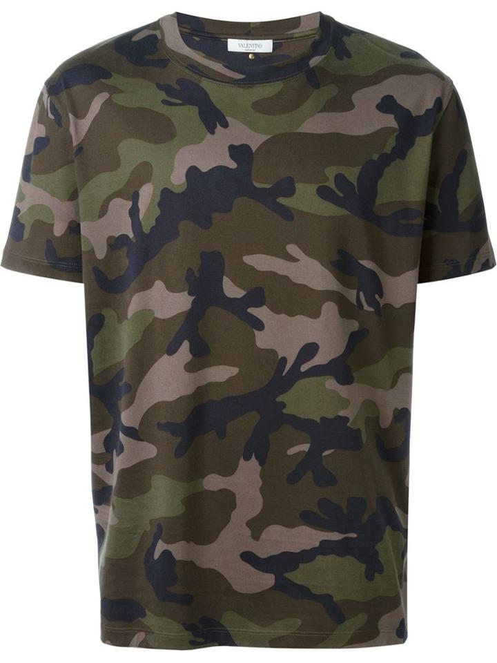 Valentino Rockstud Camouflage T-shirt, Men's, Size: S, Green, Cotton