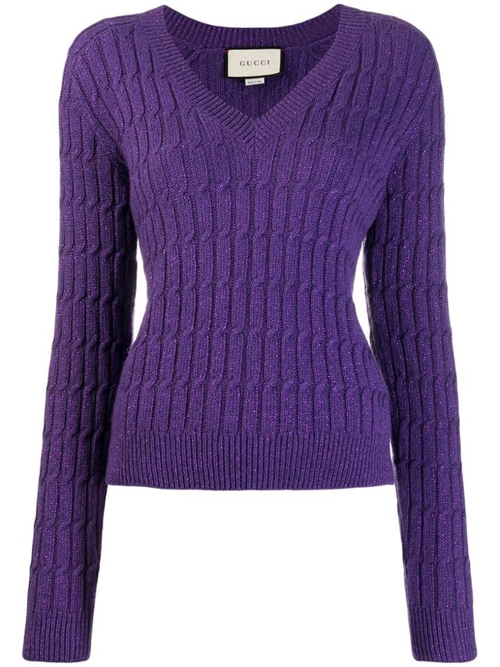 Gucci V-neck Cable Knit Sweater - Purple