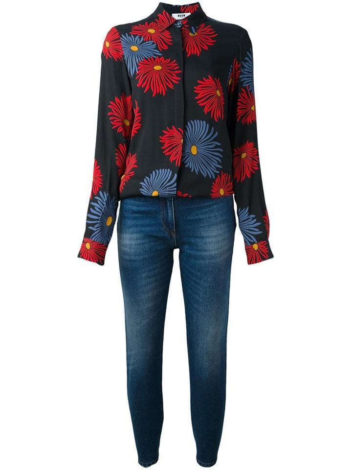 Msgm Floral Print Shirt Jumpsuit, Women's, Size: 40, Blue, Cotton/polyester