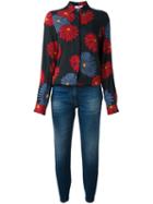 Msgm Floral Print Shirt Jumpsuit, Women's, Size: 40, Blue, Cotton/polyester