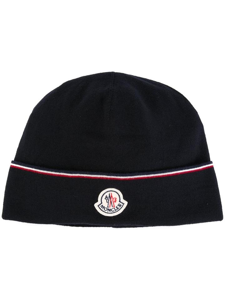 Moncler Contrasting Logo Beanie, Men's, Blue, Virgin Wool