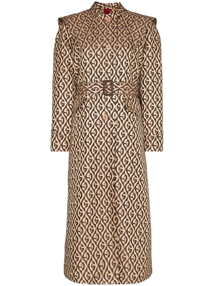 Gucci Collarless Monogram Print Belted Trench Coat - Neutrals