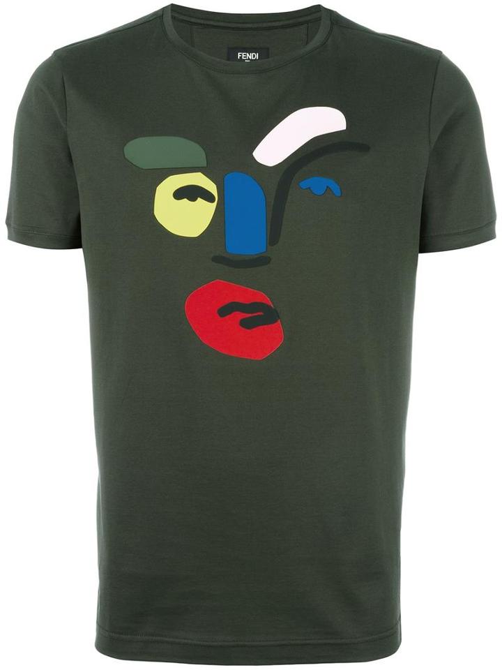 Fendi Abstract Face T-shirt, Men's, Size: 48, Green, Cotton/polyester/polyurethane/viscose