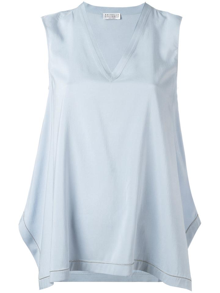 Brunello Cucinelli V Neck Top, Women's, Size: Large, Blue, Silk/spandex/elastane
