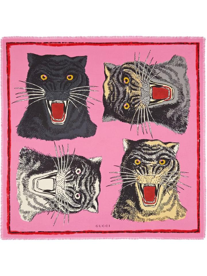 Gucci Tiger Face Print Silk Scarf - Pink