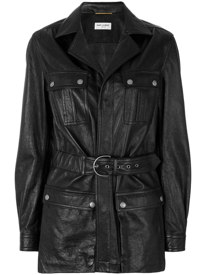 Saint Laurent Belted Leather Coat - Black