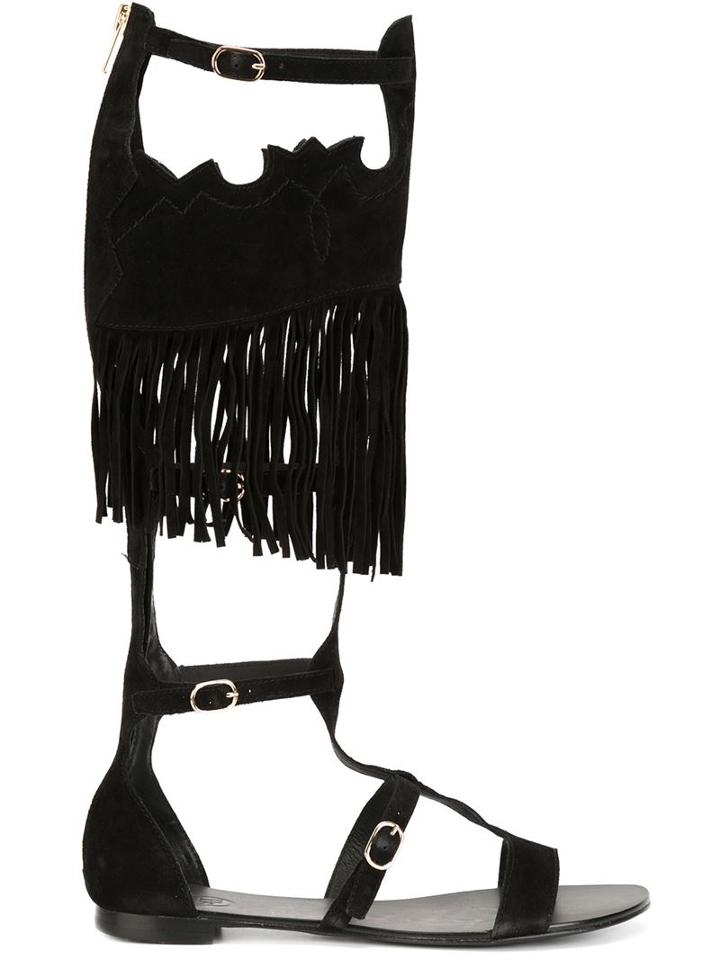 Ash Fringed Strappy Margot Gladiator Sandals, Women's, Size: 40, Black, Leather/suede