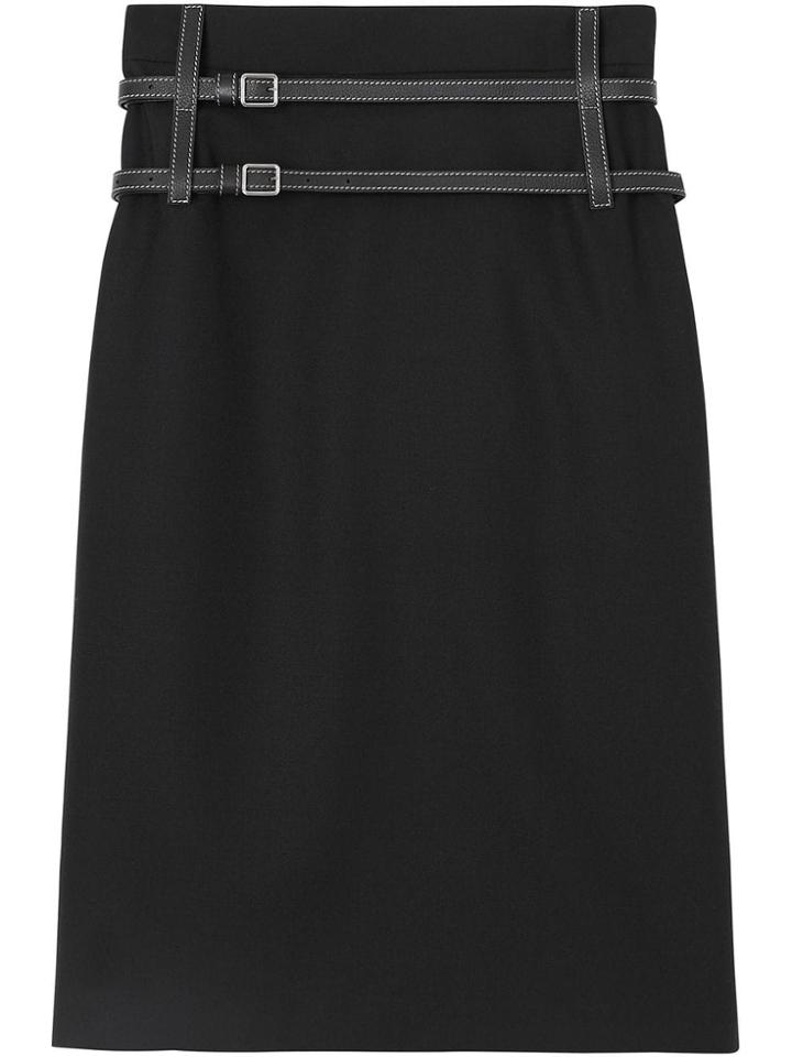 Burberry Leather Harness Detail Wool Pencil Skirt - Black