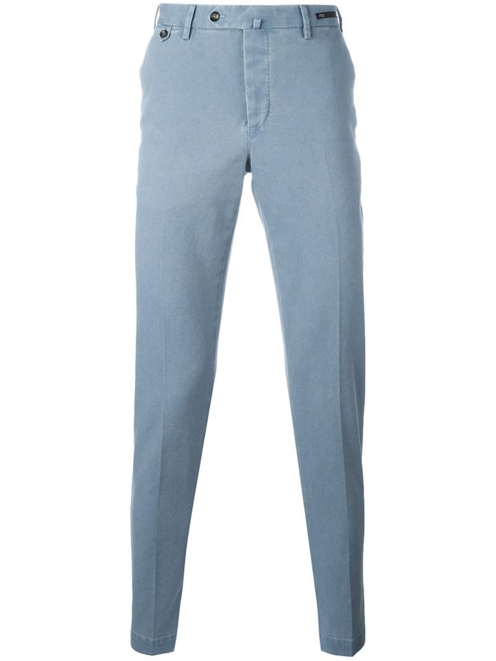 Pt01 Off Centre Button Chinos, Men's, Size: 50, Blue, Cotton/spandex/elastane
