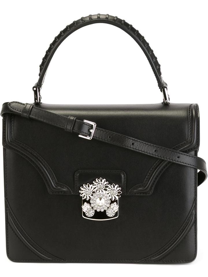 Alexander Mcqueen Flower Satchel, Women's, Black, Leather/metal/crystal