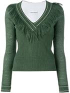Paco Rabanne Fringed V-neck Knit Sweater, Women's, Size: Xl, Green, Cotton/linen/flax/polyamide/spandex/elastane