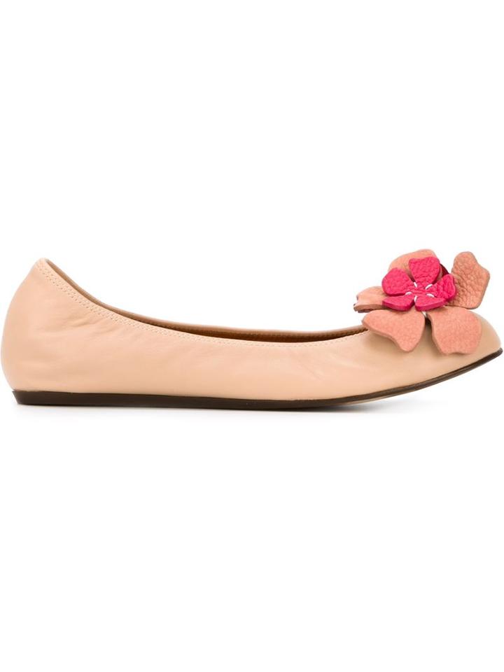 Lanvin Flower Appliqué Ballerinas, Women's, Size: 37, Nude/neutrals, Calf Leather/leather
