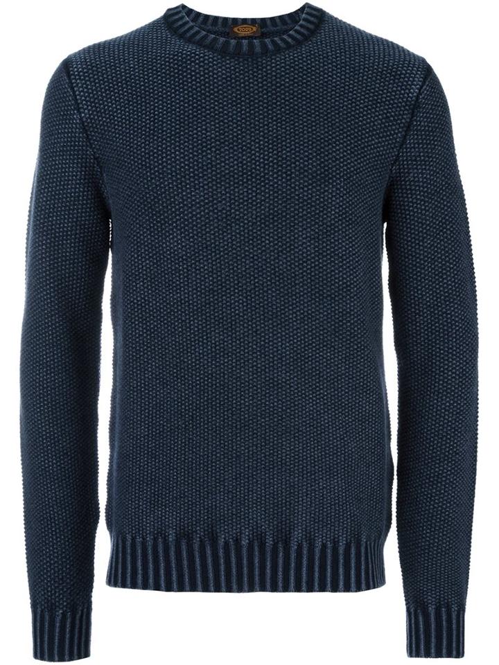 Tod's Textured Crew Neck Jumper, Men's, Size: Large, Blue, Merino