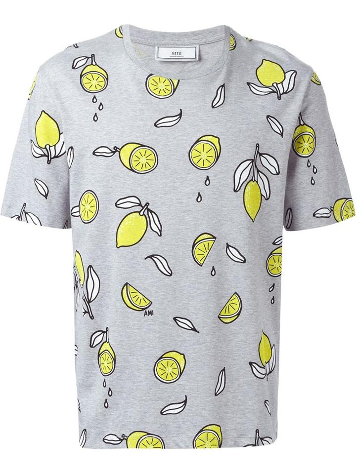 Ami Alexandre Mattiussi Lemon Print T-shirt, Men's, Size: Large, Grey, Cotton