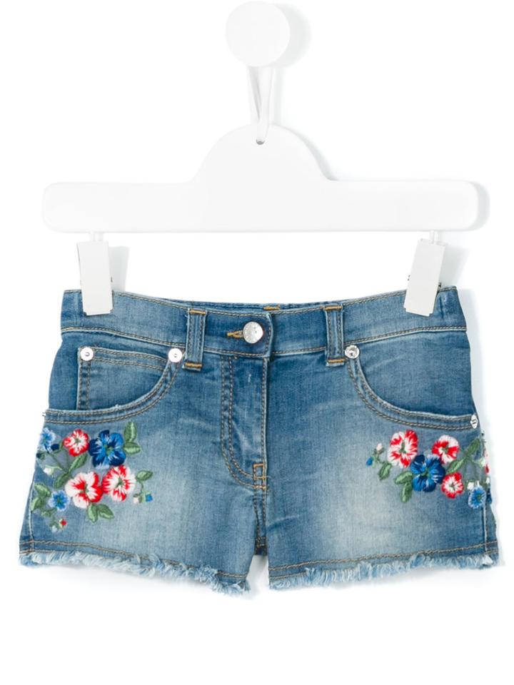 Ermanno Scervino Junior - Embroidered Flower Denim Shorts - Kids - Cotton/polyester/spandex/elastane - 8 Yrs, Blue