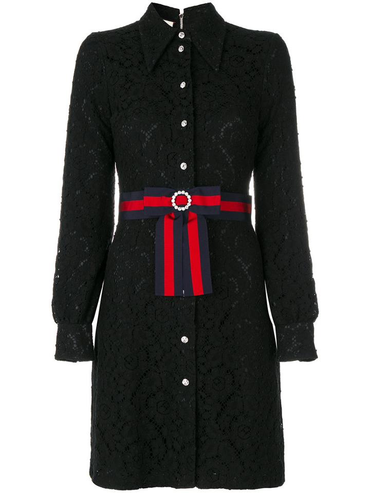 Gucci - Cluny Lace Dress With Web Waistband - Women - Silk/cotton/polyamide - 40, Blue, Silk/cotton/polyamide