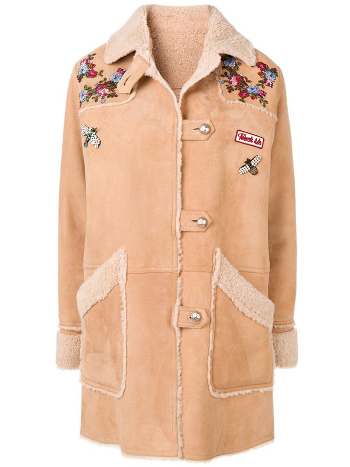 Ermanno Ermanno Embroidered Shearling Coat - Neutrals