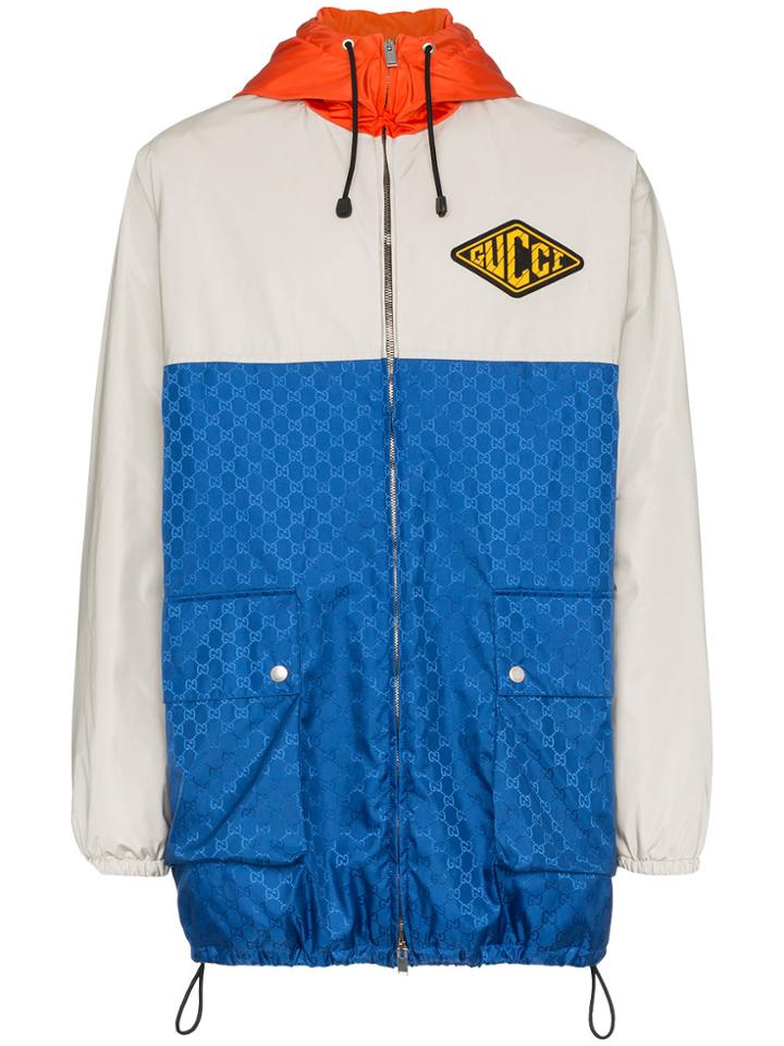 Gucci Gg Jacquard Logo Hooded Jacket - Blue