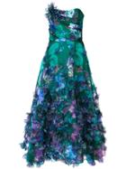 Marchesa Notte Strapless 3d Floral Embroidered Dress - Green