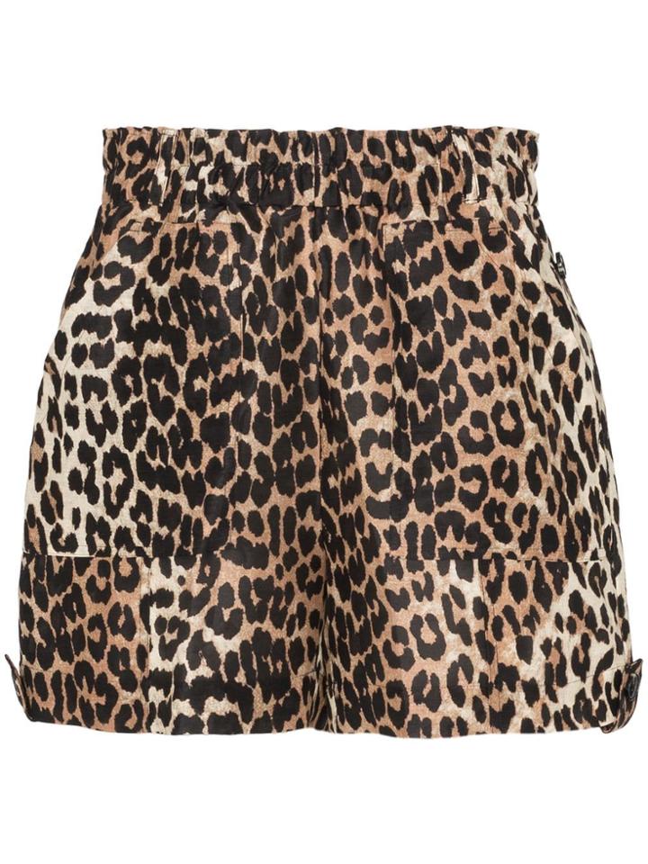 Ganni Cedar Leopard Print Linen And Silk Shorts - Brown