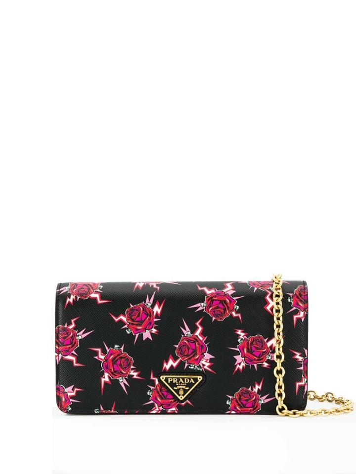 Prada Rose Print Wallet On Chain - Black