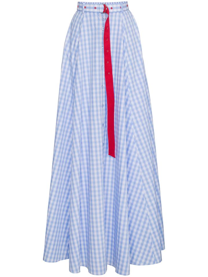 Adam Selman High Waist Gingham Cotton Maxi Skirt - Blue