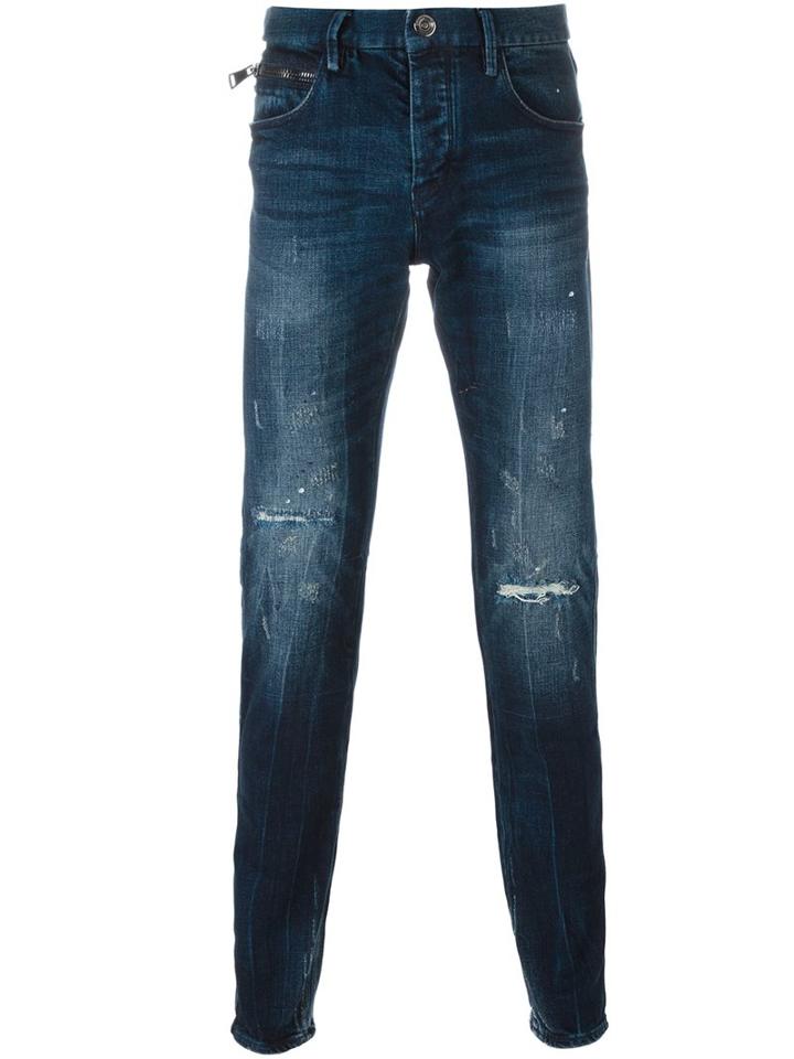 Emporio Armani Stone Washed Tapered Jeans, Men's, Size: 32, Blue, Cotton/spandex/elastane