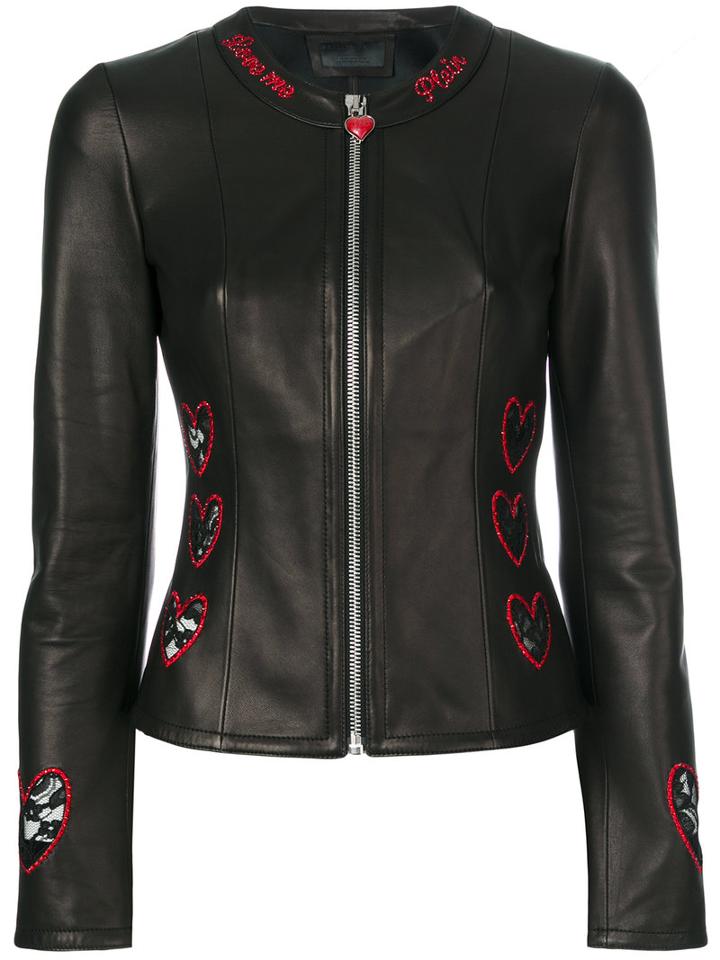 Philipp Plein - Heart Embroidered Biker Jacket - Women - Lamb Skin/polyester - S, Black, Lamb Skin/polyester