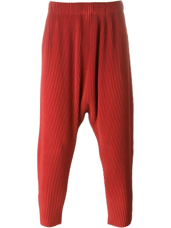 Homme Plissé Issey Miyake Pleated Drop-crotch Trousers, Men's, Size: 3, Red, Polyester