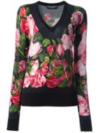 Dolce & Gabbana Rose Print Jumper, Women's, Size: 42, Black, Cashmere/silk